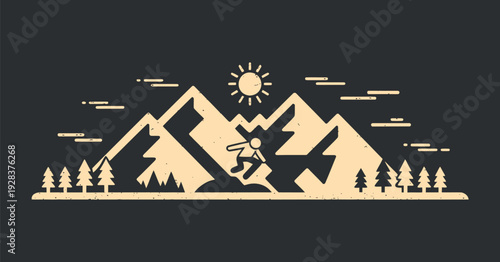 Man Skiing Down Mountain Slope with Sun and Trees Adventure Scene Minimalist Stock Illustration