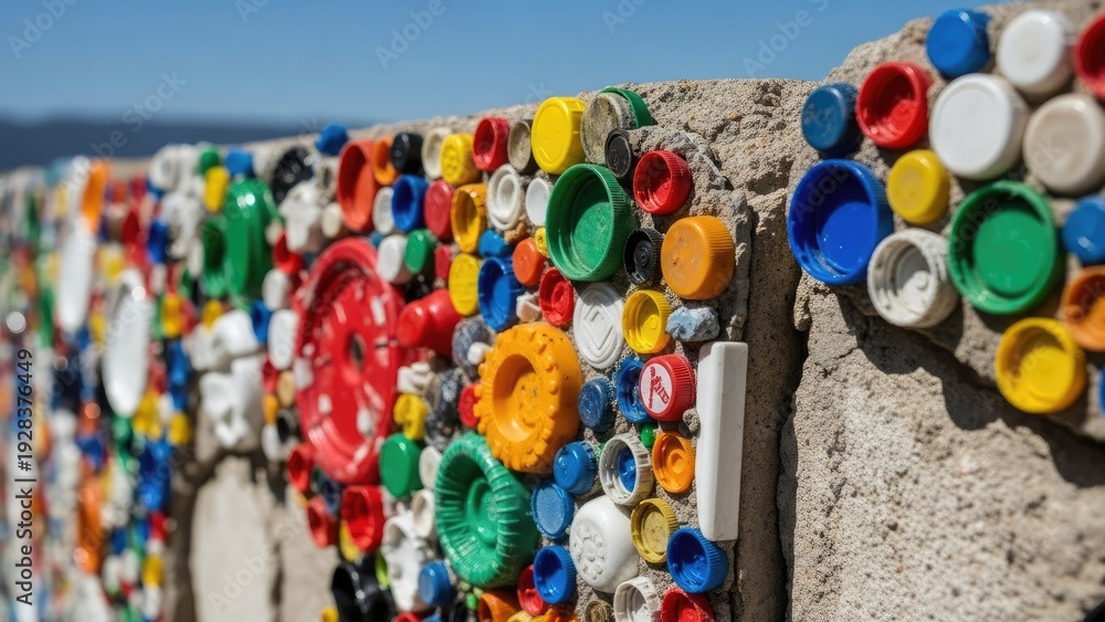 Obraz premium A colorful wall made of plastic bottle caps on a sunny day