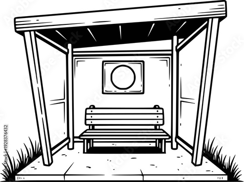 Hand drawn of a simple bus stop shelter with bench and sign white background waiting