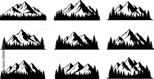 Collection of black silhouette mountain ranges with pine trees against white background