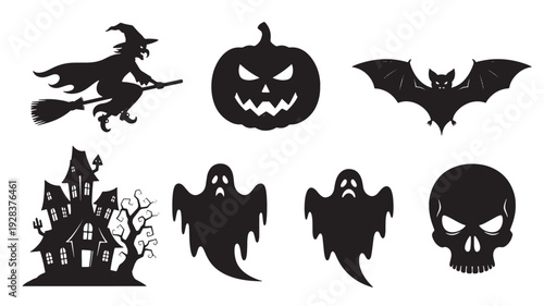 Halloween silhouette icon set with witch on broom, jack-o-lantern, bat, haunted house, ghosts and skull on white featuring clipart, vector style, witchcraft with broomstick and pumpkin elements for