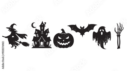 Halloween silhouettes set with witch on broom, haunted house, jack-o-lantern pumpkin, bat, ghost and skeleton hand icons featuring silhouette, collection, broomstick with castle and moon elements for