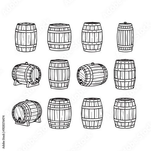 Collection of Wooden Barrels in Various Poses and Styles Line Art Illustration