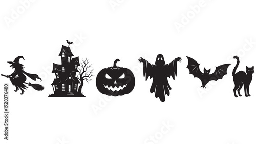 Halloween silhouettes set of witch, haunted house, jack-o-lantern, ghost, bat and black cat isolated on white background featuring silhouette, collection, broomstick with spooky and horror elements