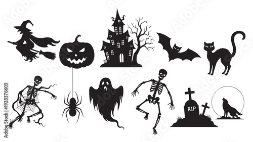 Halloween silhouette set with witch, haunted house, jack o lantern, bat, black cat, ghost, skeletons, spider and graveyard featuring collection, broom, spooky with scary and pumpkin elements for