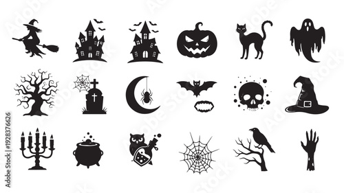 Halloween silhouette icon set with witch, haunted house, pumpkin, black cat, ghost, skull, bat, web, candles and cauldron featuring spooky, scary, broom with castle and jack o lantern elements for