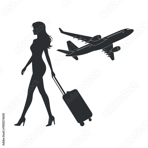 Woman with Rolling Suitcase Walking Past Airplane Silhouette