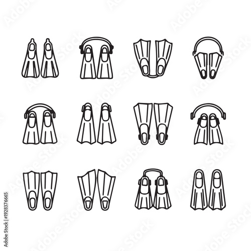 Diverse Swim Fins Collection Icons Isolated Vector Set Snorkeling Gear