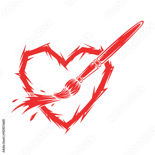 red paintbrush strokeline heart element