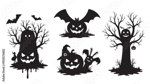 Halloween silhouette set of spooky trees, jack-o-lantern pumpkins, bats and ghost shapes for posters, decals and party decor featuring scary, pumpkin, bat with haunted and creepy elements for horror,