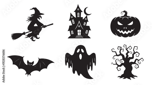 Halloween silhouette set with witch on broom, haunted house, jack-o-lantern, bat, ghost and creepy tree icons featuring icon, clipart, vector with black and spooky elements for scary, horror
