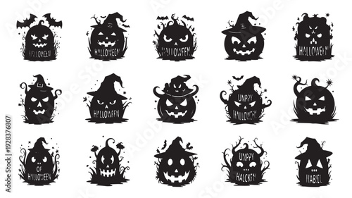 Halloween pumpkin silhouette set with spooky jack-o-lantern faces, bats, witch hats and scary typography on white background featuring collection, horror, october with autumn and fall elements for