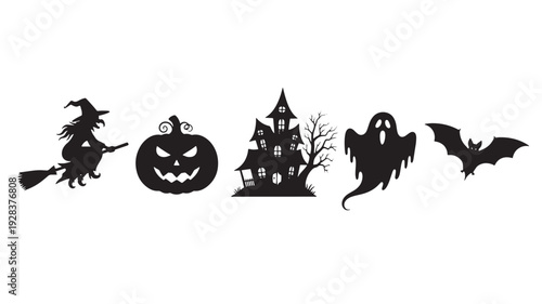 Halloween silhouette set with witch on broom, jack-o-lantern, haunted house, ghost and bat icons on white background featuring collection, flying, pumpkin with carved pumpkin and spooky elements for