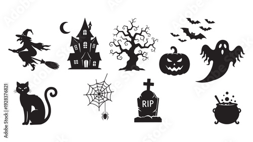 Halloween silhouette icon set with witch, haunted house, spooky tree, bats, pumpkin, ghost, cat, web, tombstone, cauldron featuring scary, horror, broomstick with castle and moon elements for bat,