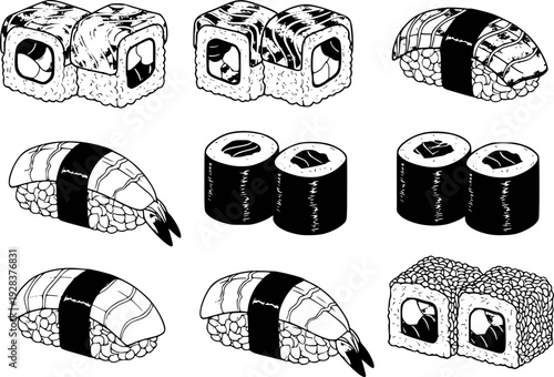 Collection of Hand Drawn Japanese Sushi Rolls and Nigiri Isolated White Background