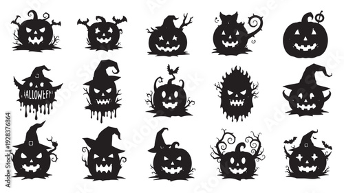 Pumpkin silhouette set of spooky Halloween jack-o-lantern faces with witch hats, bats, vines and creepy expressions featuring vector, collection, icon with clipart and scary elements for horror,