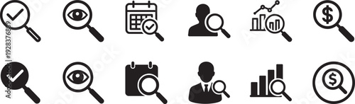 Quality control and research icon set. Inspection, testing, analysis, and laboratory vector symbols.