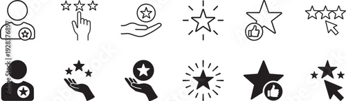 Rating thin line icon set. Stars, reviews, feedback, evaluation, and quality assessment vector symbols.
