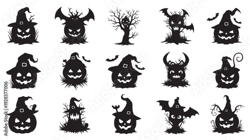 Halloween pumpkin silhouette set with witch hats, bats, spooky trees and monster faces for autumn party designs featuring jack o lantern, collection, scary with creepy and cartoon elements for