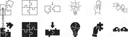 Puzzle icon set. Brain games, problem solving, teamwork, logic, and strategy vector symbols.