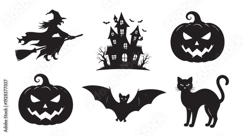 Halloween silhouette icon set with flying witch, haunted house, jack-o-lantern pumpkins, bat, and black cat on white featuring vector, clipart, spooky with scary and broomstick elements for castle,