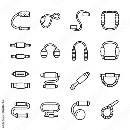 Fitness Equipment Icons Set Exercise Bands and Hand Grips Line Art Collection