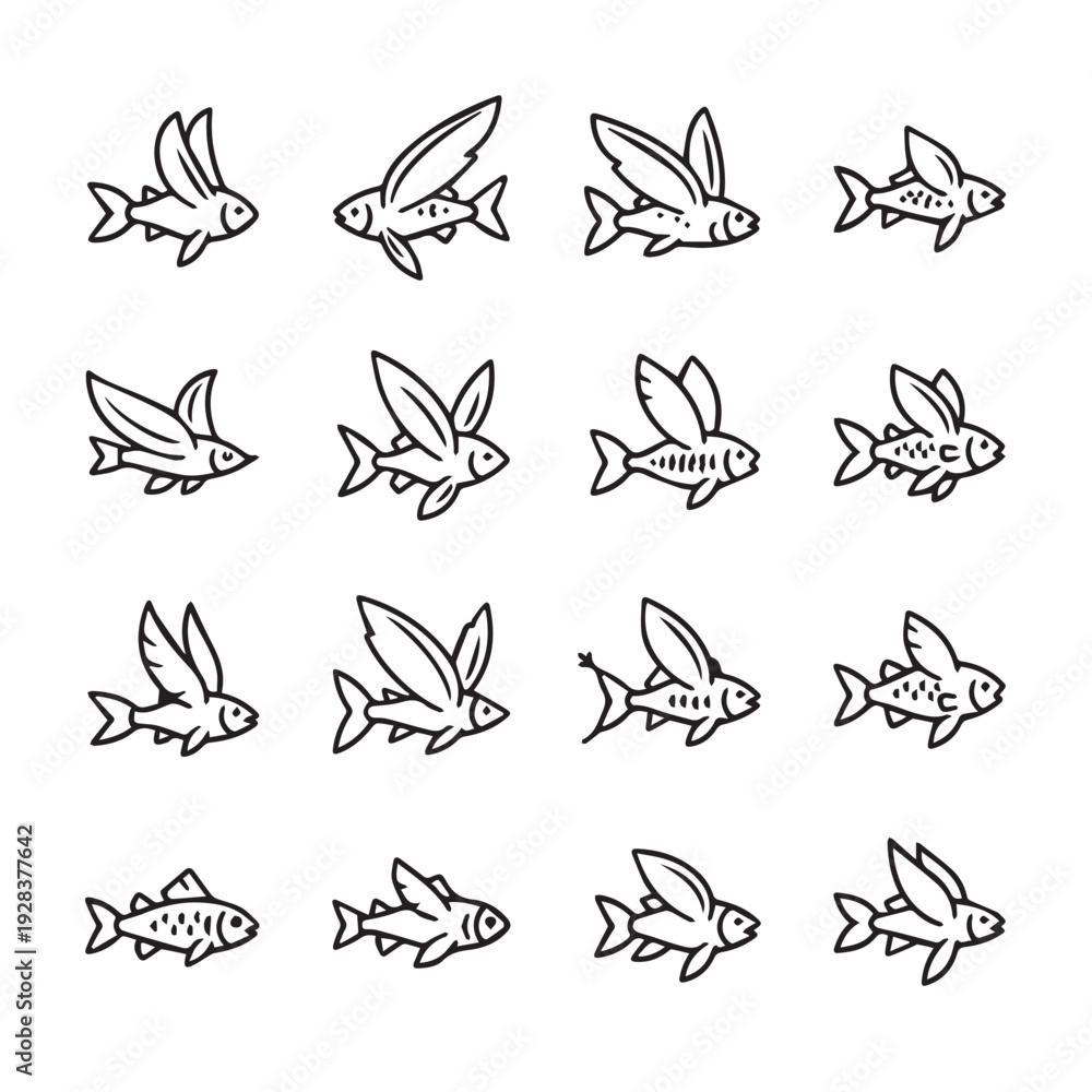 Fototapeta premium Flying Fish Icons Set Silhouette of Aquatic Creatures with Wings Vector Illustration