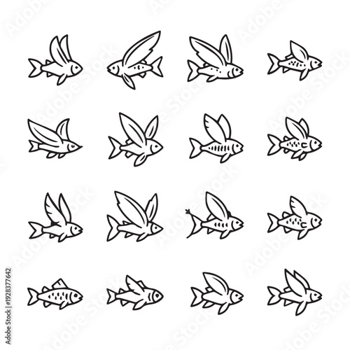 Flying Fish Icons Set Silhouette of Aquatic Creatures with Wings Vector Illustration