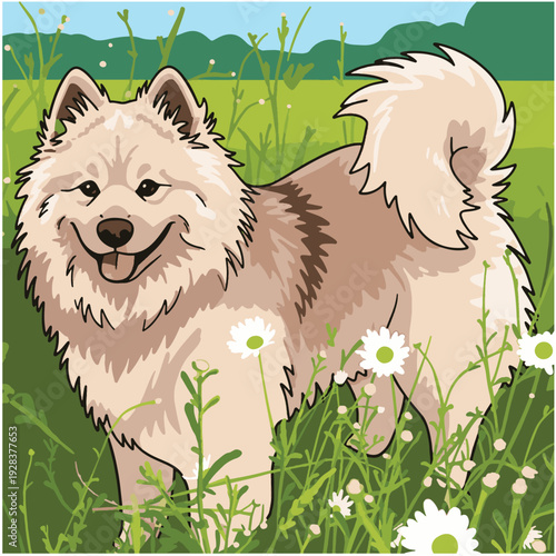 Cute Samoyed Dog Illustration in Flower Field, Fluffy White Puppy Vector Design, Happy Pet Portrait in Nature, Smiling Spitz Dog Graphic Art. Pet Lover Concept, Hand Drawn Flat Style Animal Illustrati