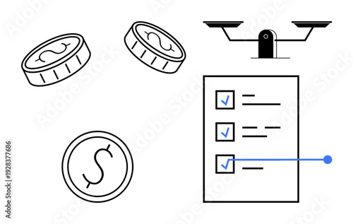 Money management, financial planning, legal decisions, business strategies, contract analysis, resource allocation. Coins, scales checklist with checkmarks. Money management and financial planning