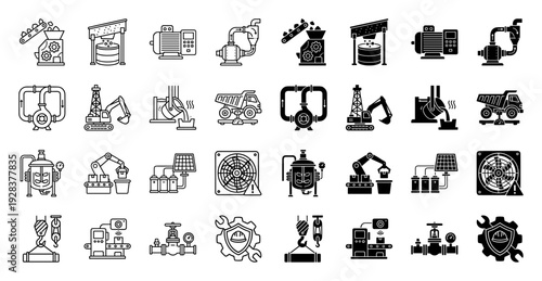 Heavy industrial machinery and manufacturing equipment icon set featuring hybrid line and solid styles for factory automation and engineering