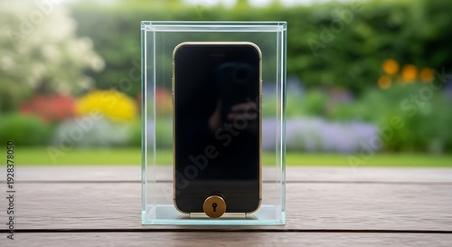 A golden smartphone encased in a clear acrylic display box with a lock