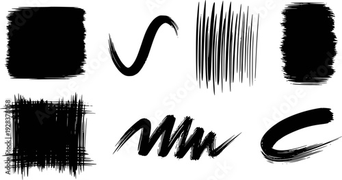 Collection of black ink brush stroke textures and abstract shapes white background