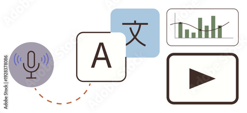 Language translation, transcription services, multimedia, education, analytics, accessibility. Symbols for audio recording, translation video and data analysis. Language translation
