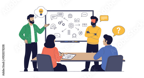 Team brainstorming business ideas illustrated with charts and diagrams