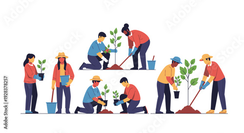 People planting trees illustration sustainable development environment protection