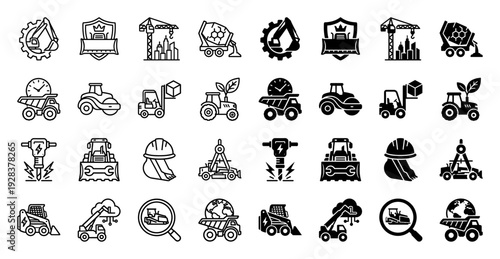 Heavy construction equipment icon set featuring hybrid symbols for industrial machinery automation logistics and sustainable civil engineering projects