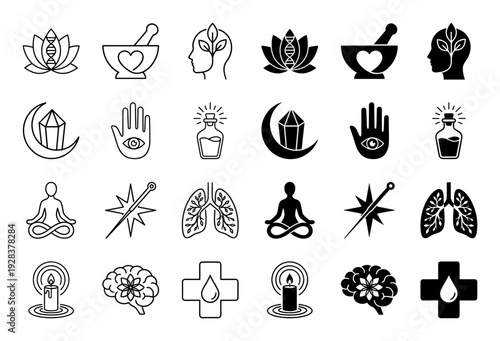 Holistic wellness and alternative medicine icon set featuring hybrid symbols like dna lotus medicinal mortar and leaf head in line and solid style