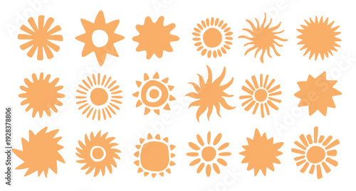 Abstract organic doodle sun shapes and stars in flat boho style. Modern retro drawing playful basic shape.