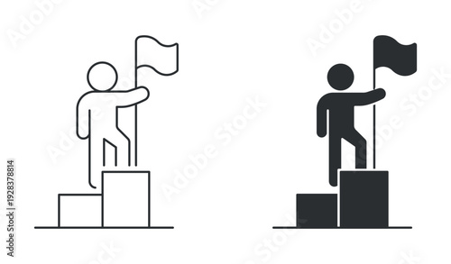 Achievement success icon set, person holding flag on podium symbol, business goal accomplishment vector illustration