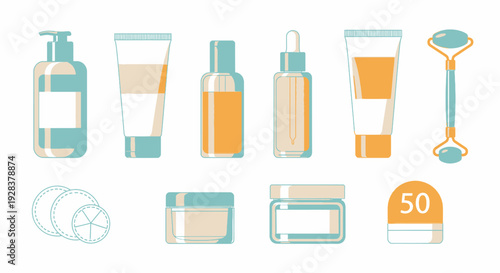 Cosmetic skincare products and tools illustration for beauty and wellness