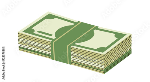 Isometric illustration of a stack of money with green band isolated