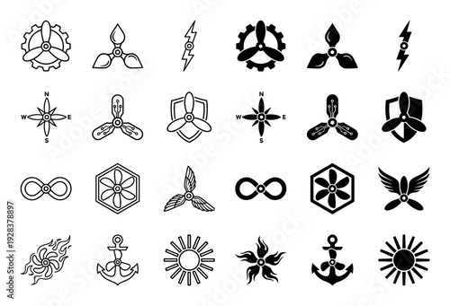 Collection of hybrid nautical and mechanical symbols featuring propeller blades merged with gear anchor wing shield and sun elements in outline and solid style