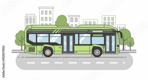 Green bus illustration driving on a road with city buildings and trees vector design