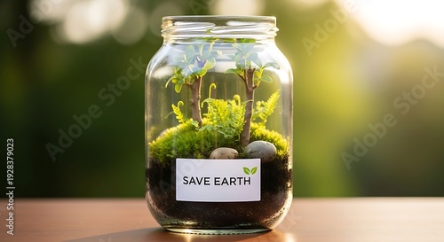 A miniature terrarium landscape within a glass jar promotes environmental awareness