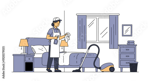 Woman cleaning bedroom with vacuum cleaner and spray bottle vector illustration