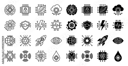 Modern hybrid technology icons combining electronic circuitry with organic and industrial symbols featuring brain cloud leaf and gear elements in outline and solid styles