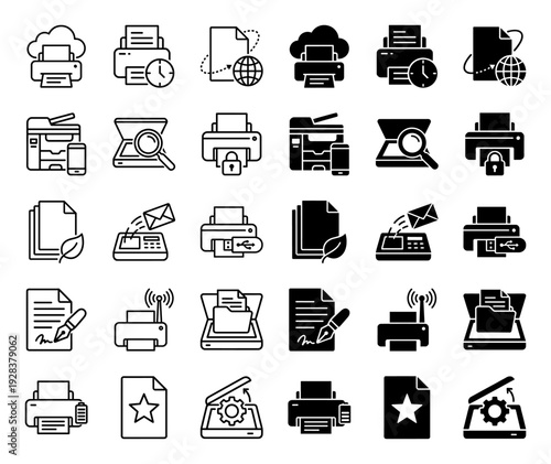 Hybrid printer and document management icon set featuring cloud printing mobile scanning secure data output and office workflow automation symbols