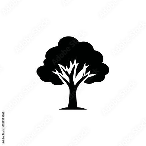 Silhouette of a leafy tree on a white background. Branches extend from a trunk to a full crown