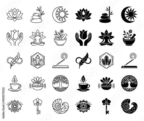 Holistic wellness and spiritual healing icons featuring hybrid symbols like lotus water drops zen stones and celestial sun moon alchemy designs
